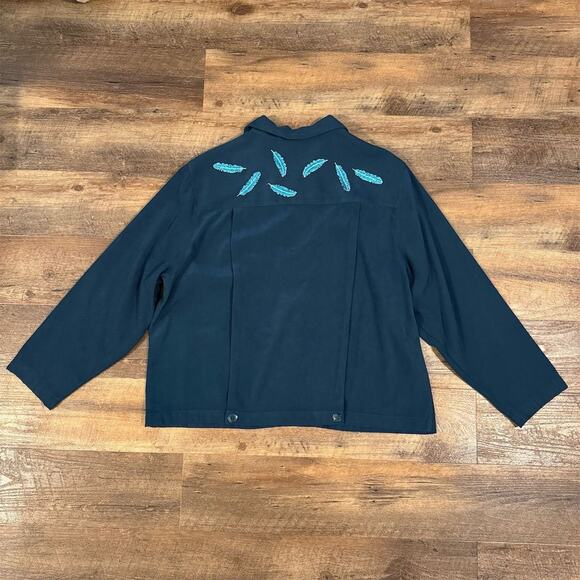 Vintage Teal Jacket XL Blue Feather Embroidery Button-Up Casual Faux Suede READ - Picture 2 of 14